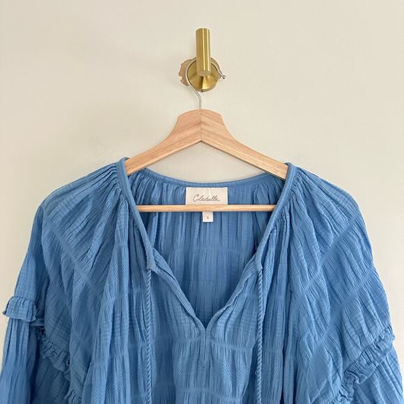 Cleobella Azariah Long Sleeve Smocked Split Neck Blouse Blue S - Picture 4 of 12